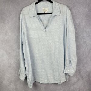 RACHEL ZOE Baby blue White Polka Dot Long Sleeve V-Neck neck Linen Top Tunic 3X‎
